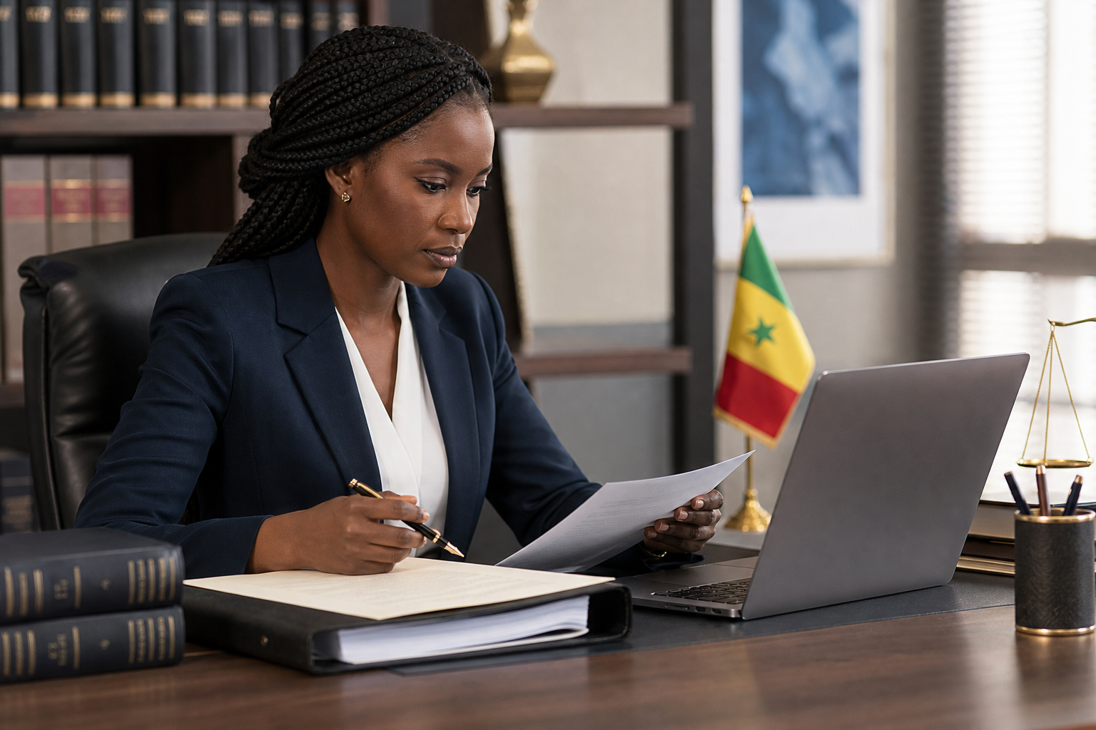 Avocate sénégalaise préparant un acte juridique sur ordinateur
